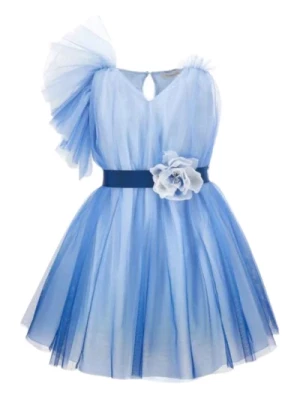 Niebieska Sukienka z Tiulu na Ramieniu Monnalisa