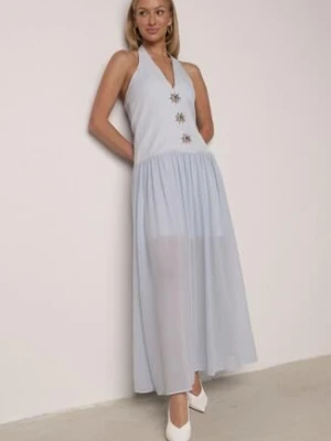 Niebieska Sukienka z Wiązanym Dekoltem Typu Halter i Biżuteryjnymi Guzikami Raena