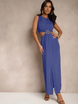 Niebieska Sukienka z Wiskozą Metalową Ozdobą i Wycięciami po Bokach Odivane by swan