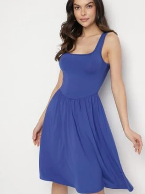 Niebieska Sukienka z Wiskozą o Rozkloszowanym Kroju Edivane by swan