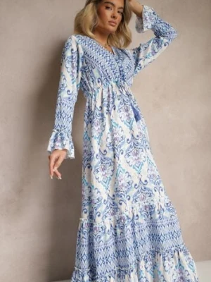 Niebieska Sukienka z Wiskozą o Rozkloszowanym Kroju z Falbanami w Etniczny Print Korimira m&d fashion