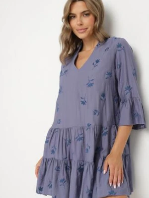 Niebieska Sukienka z Wiskozą o Rozkloszowanym Kroju z Haftem i Falbankami Axneria rosa