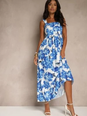 Niebieska Sukienka z Wiskozą o Rozkloszowanym Kroju z Kwiatami Nilestra ann gissy