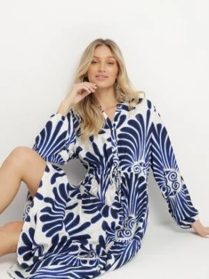 Niebieska Sukienka z Wiskozą o Rozkloszowanym Kroju z Motywem Roślinnym Korisaria m&d fashion