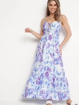 Niebieska Sukienka z Wiskozy i Bawełny Rozkloszowana w Kwiatowy Print z Ozdobnym Wiązaniem Wiama