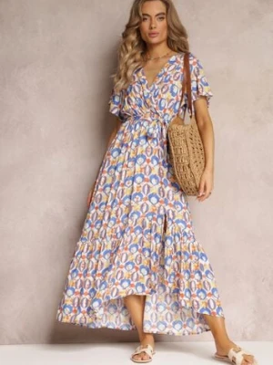 Niebieska Sukienka z Wiskozy i Kopertowym Dekoltem w Fantazyjny Print Abai cflo