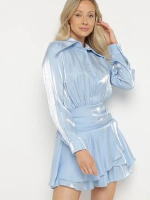 Niebieska Sukienka z Wiskozy o Koszulowym Kroju z Falbankami Liova allyson