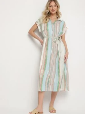 Niebieska Sukienka z Wiskozy o Koszulowym Kroju z Wiązanym Paskiem Iffira unigirl