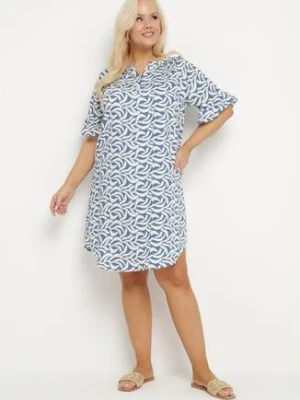 Niebieska Sukienka z Wiskozy o Pudełkowym Kroju z Abstrakcyjnym Wzorem Koririanne j&x