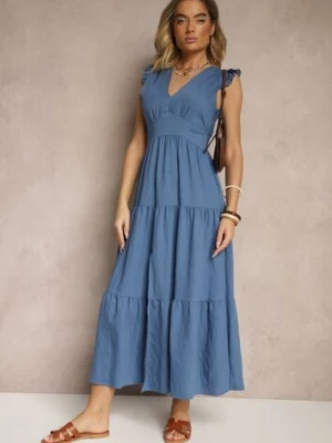 Niebieska Sukienka z Wiskozy Ozdobiona Falbankami Sadovene cflo