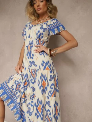 Niebieska Sukienka z Wiskozy Ozdobiona Geometrycznym Motywem Clevessa rosita