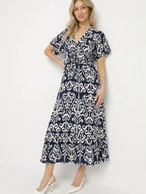 Niebieska Sukienka z Wiskozy w Abstrakcyjny Wzór Faledira cflo