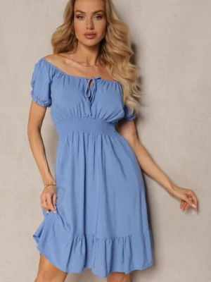 Niebieska Sukienka z Wiskozy z Gumkami w Talii i Dekoltem ze Ściągaczem Tiimazela cflo