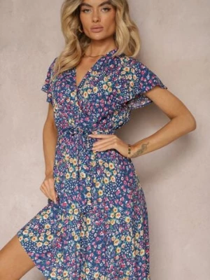 Niebieska Sukienka z Wiskozy z Kopertowym Dekoltem Wykończona Gumką w Pasie i Sznurkiem Abrolea cflo