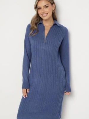 Niebieska Sweterkowa Sukienka Pudełkowa z Bawełną i Wełną Ozdobiona Suwakiem Reimia