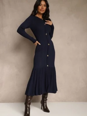 Granatowa Sweterkowa Sukienka z Wiskozą z Rozkloszowanym Dołem i Guzikami Fertilea yu & me