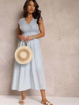 Niebieska Szydełkowa Sukienka Maxi z Głębokim Dekoltem i Falbanką na Dole Annama bisou's project