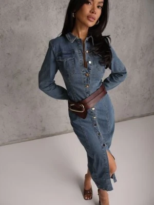 Niebieska Taliowana Sukienka Jeansowa o Koszulowym Fasonie Nezavia bisou's project