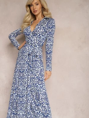 Niebiesko-Biała Taliowana Sukienka Maxi z Paskiem i Kopertowym Dekoltem Anetil