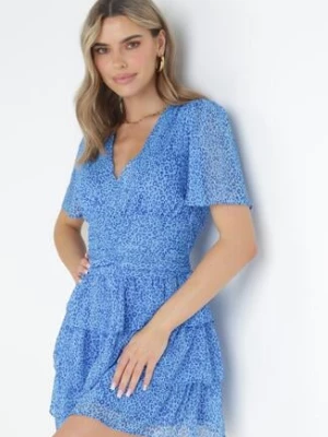 Niebieska Taliowana Sukienka Mini z Głębokim Dekoltem i Gumkami w Pasie Neetho