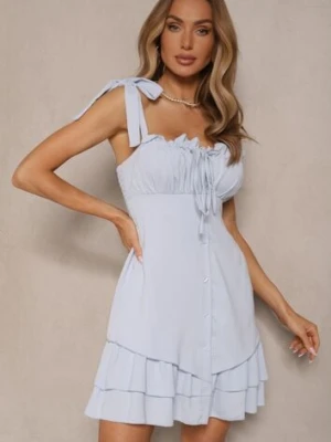 Niebieska Taliowana Sukienka w Rustykalnym Stylu Zdobiona Falbanami i Wiązaniem Varkio allyson