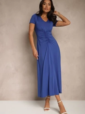 Niebieska Taliowana Sukienka z Ozdobnymi Marszczeniami i Domieszką Wiskozy Avenile by swan