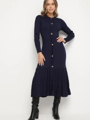 Granatowa Taliowana Sukienka z Wiskozą z Guzikami i Rozkloszowanym Dołem Faratila yu & me