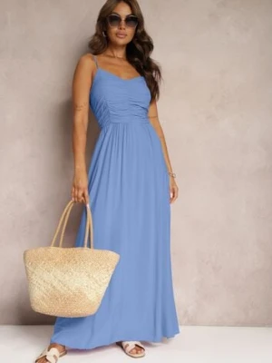 Niebieska Taliowana Sukienka z Wiskozy o Rozkloszowanym Kroju na Ramiączkach z Regulacją Donelsea cflo