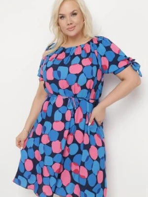 Niebieska Trapezowa Sukienka Bawełniana z Elastycznym Dekoltem i Sznurkiem w Talii Eeraphina generation