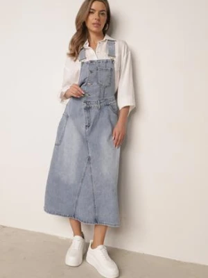 Niebieska Trapezowa Sukienka Jeansowa o Kroju Ogrodniczki z Bawełną Peimellia milas91