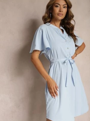 Niebieska Trapezowa Sukienka z Dekoltem Zapinanym na Guziki i Materiałowym Paskiem w Talii Vikiiraes unigirl