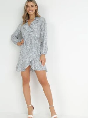 Niebieska Wiązana Sukienka Mini z Falbanką przy Dekolcie Haikia rosa