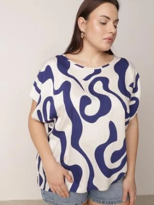 Niebieska Wiskozowa Bluzka Oversize z Krótkim Rękawem w Abstrakcyjny Wzór Ginedina j&x