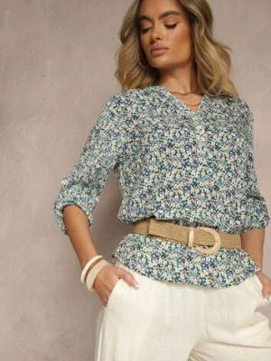 Niebieska Wiskozowa Bluzka w Kwiaty o Koszulowym Kroju z Podpinanymi Rękawami Edinoriela melya by melody