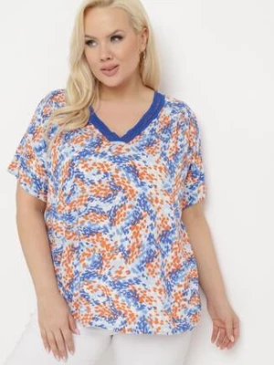 Niebieska Wiskozowa Bluzka z Krótkim Rękawem i Dekoltem Typu V-Neck Natloza melya by melody