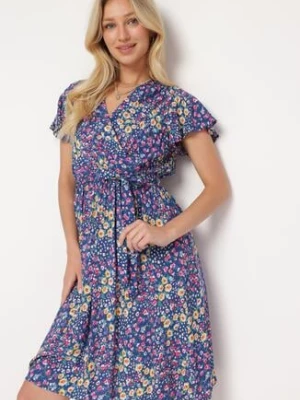 Niebieska Wiskozowa Kopertowa Sukienka Wiązana Materiałowym Sznurkiem z Gumką w Talii Zanlea cflo