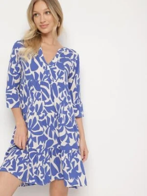 Niebieska Wiskozowa Rozkloszowana Sukienka z Abstrakcyjnym Wzorem Liracalia sublevel