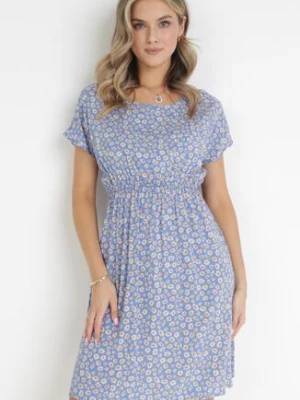 Niebieska Wiskozowa Rozkloszowana Sukienka z Gumką w Talii w Kwiaty Heidene j&x