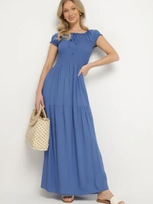Niebieska Wiskozowa Sukienka Hiszpanka z Marszczoną Górą Jenanira j&x