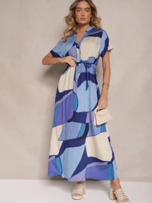 Niebieska Wiskozowa Sukienka Koszulowa z Paskiem w Geometryczny Print Falintia cflo