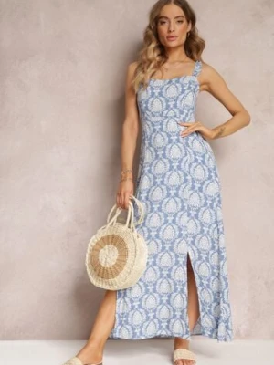 Niebieska Wiskozowa Sukienka Maxi w Kwiaty z Cienkimi Gumkami Janitza rosa