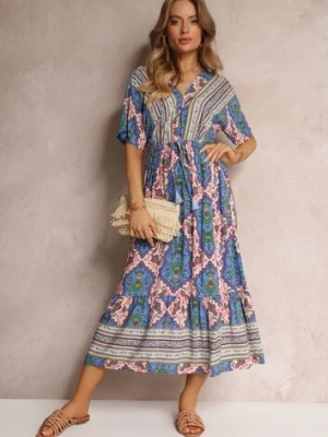 Niebieska Wiskozowa Sukienka Maxi z Gumką w Pasie i Falbanką Cophine cflo