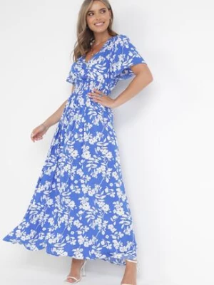 Niebieska Wiskozowa Sukienka Maxi z Gumkami w Talii i Kopertowym Dekoltem Olemenia