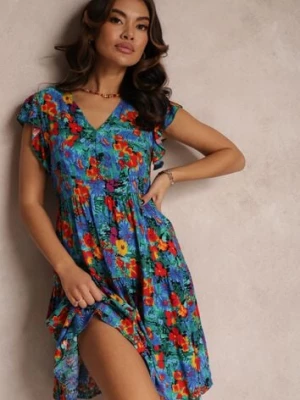 Niebieska Wiskozowa Sukienka Mini z Falbaną Linne cflo