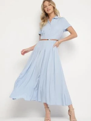 Niebieska Wiskozowa Sukienka o Koszulowym Fasonie z Wąskim Paskiem Fillamea unigirl