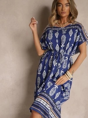 Niebieska Wiskozowa Sukienka o Pudełkowym Kroju w Etniczny Print Miriliana j&x