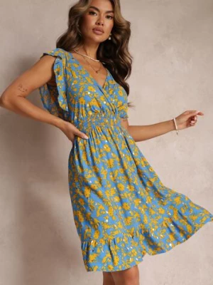 Niebieska Wiskozowa Sukienka o Rozkloszowanym fasonie z Metalicznym Nadrukiem Aurasana cflo