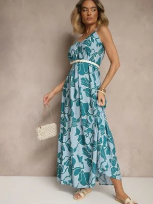 Niebieska Wiskozowa Sukienka o Rozkloszowanym Kroju na Cienkich Ramiączkach Sepalina cflo