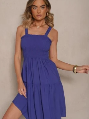 Niebieska Wiskozowa Sukienka o Rozkloszowanym Kroju na Ramiączkach Mirwena j&x