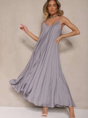 Niebieska Wiskozowa Sukienka o Rozkloszowanym Kroju Ozdobiona Cyrkoniami Tosnaria cflo